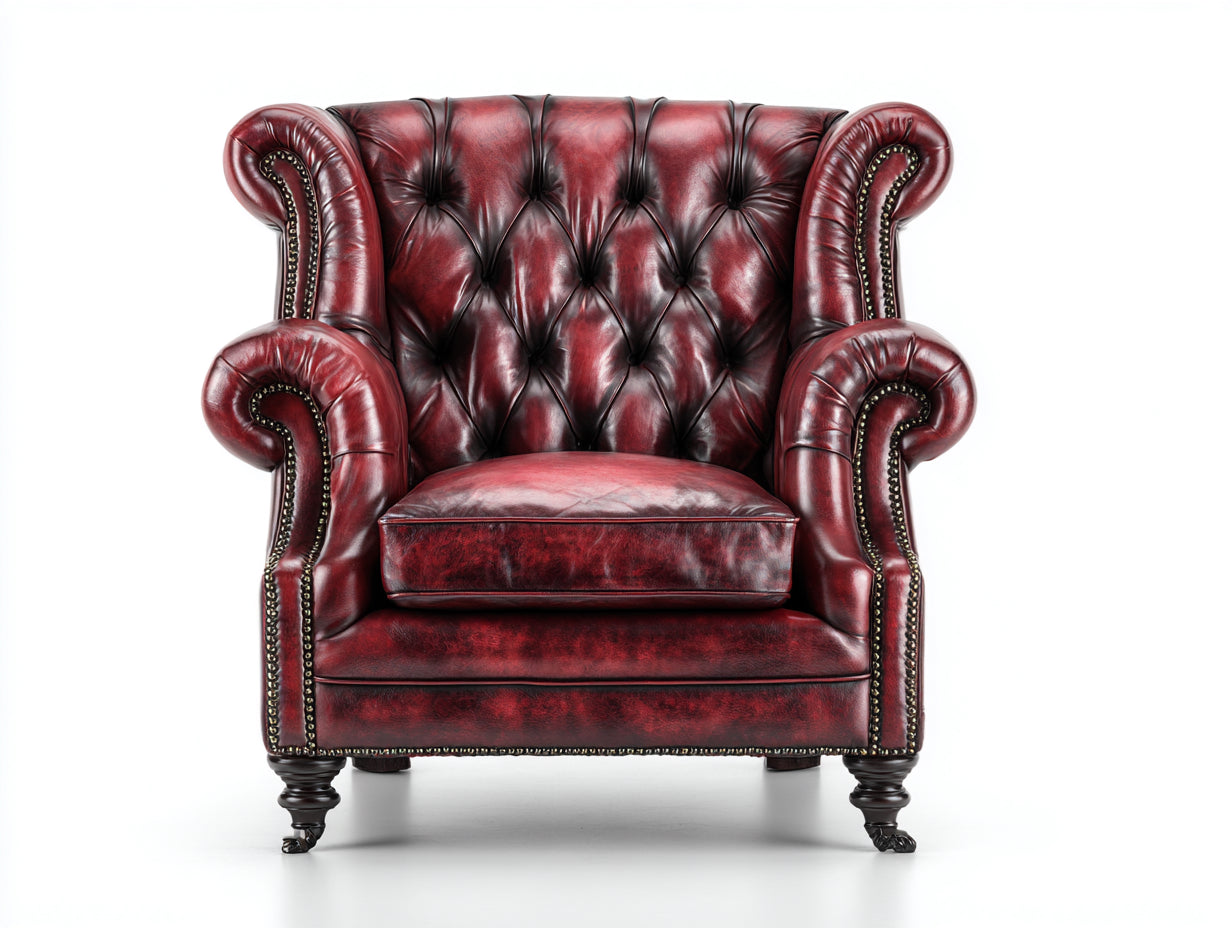 Fauteuil à oreilles - similicuir-bois - 93x87x110 cm - rouge bordeaux - style Chesterfield