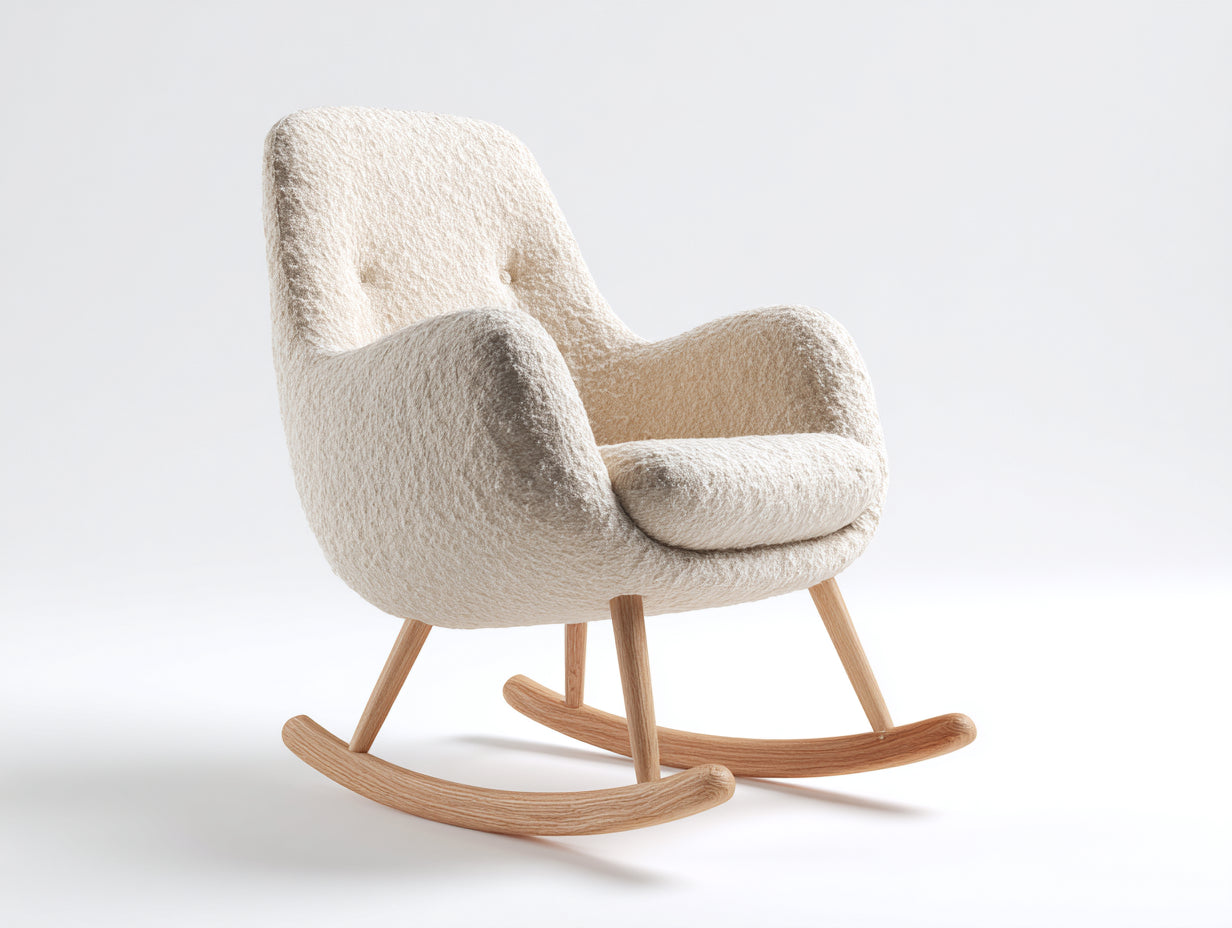 Fauteuil à bascule - tissu bouclette-bois - 80 x 74 x 88 cm - ivoire-naturel - style scandinave