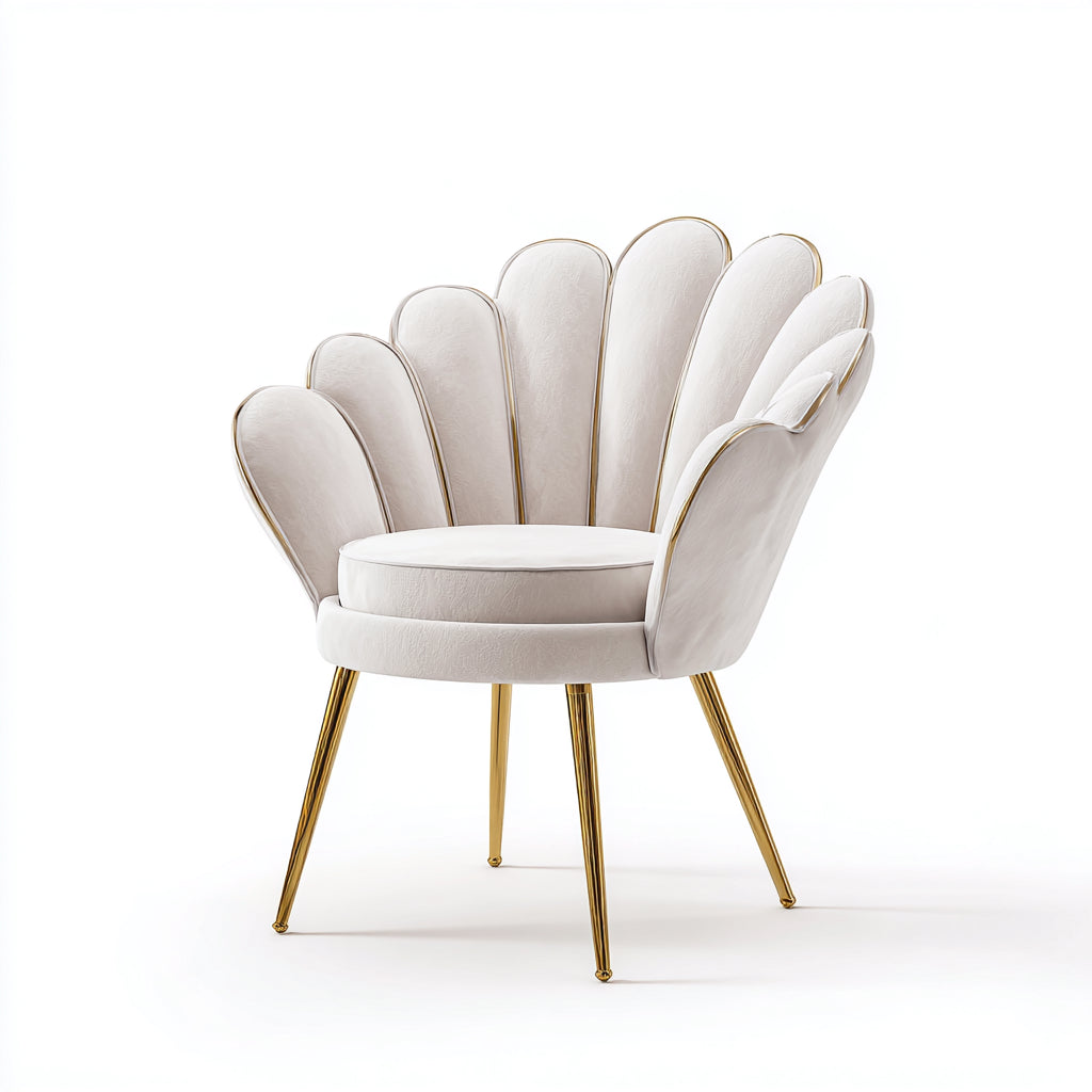 Fauteuil - velours-métal - 84x78x85 cm - blanc cassé-doré - coquillage