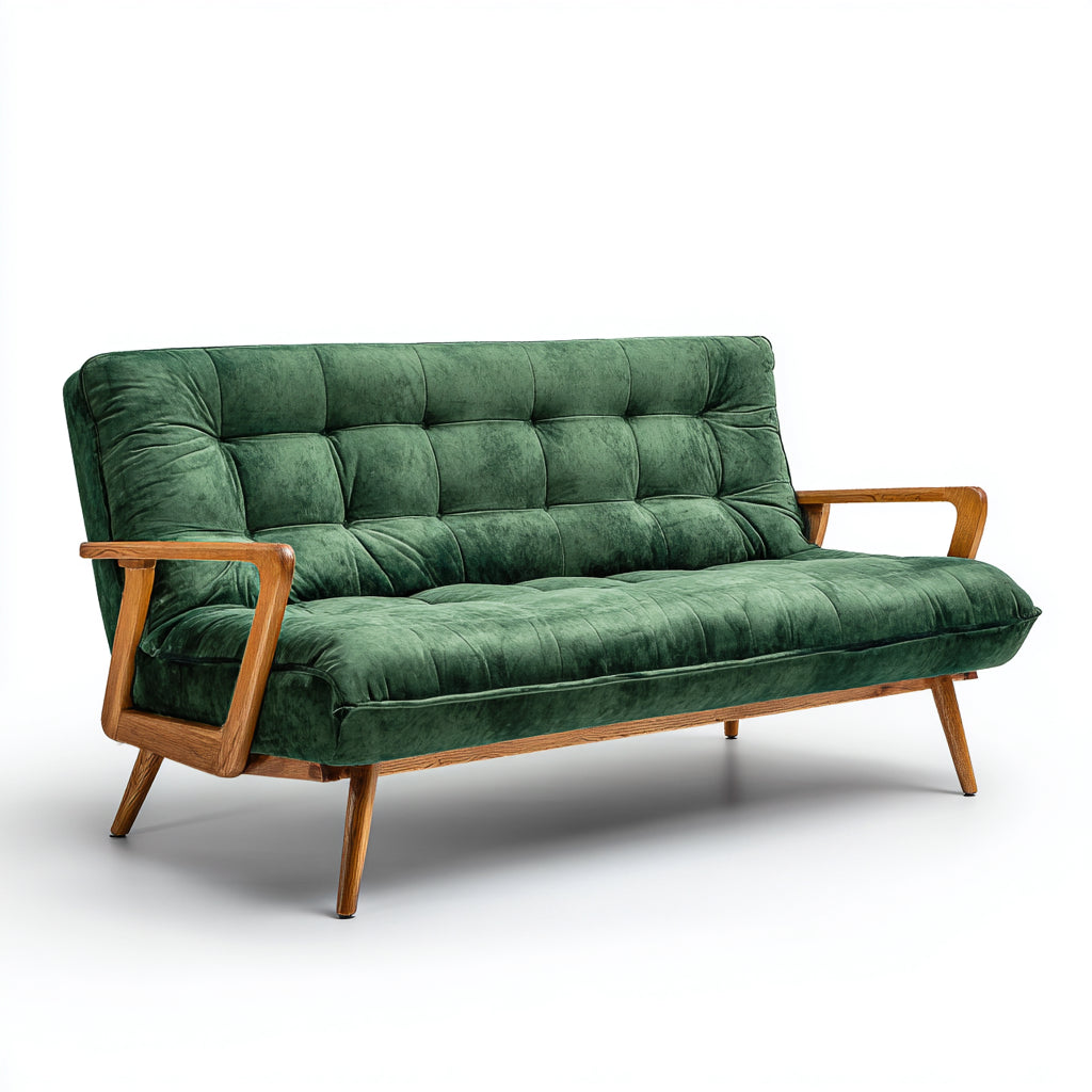 Canapé droit - velours-bois - 200x86x83 cm - vert foncé-naturel - rétro moderne