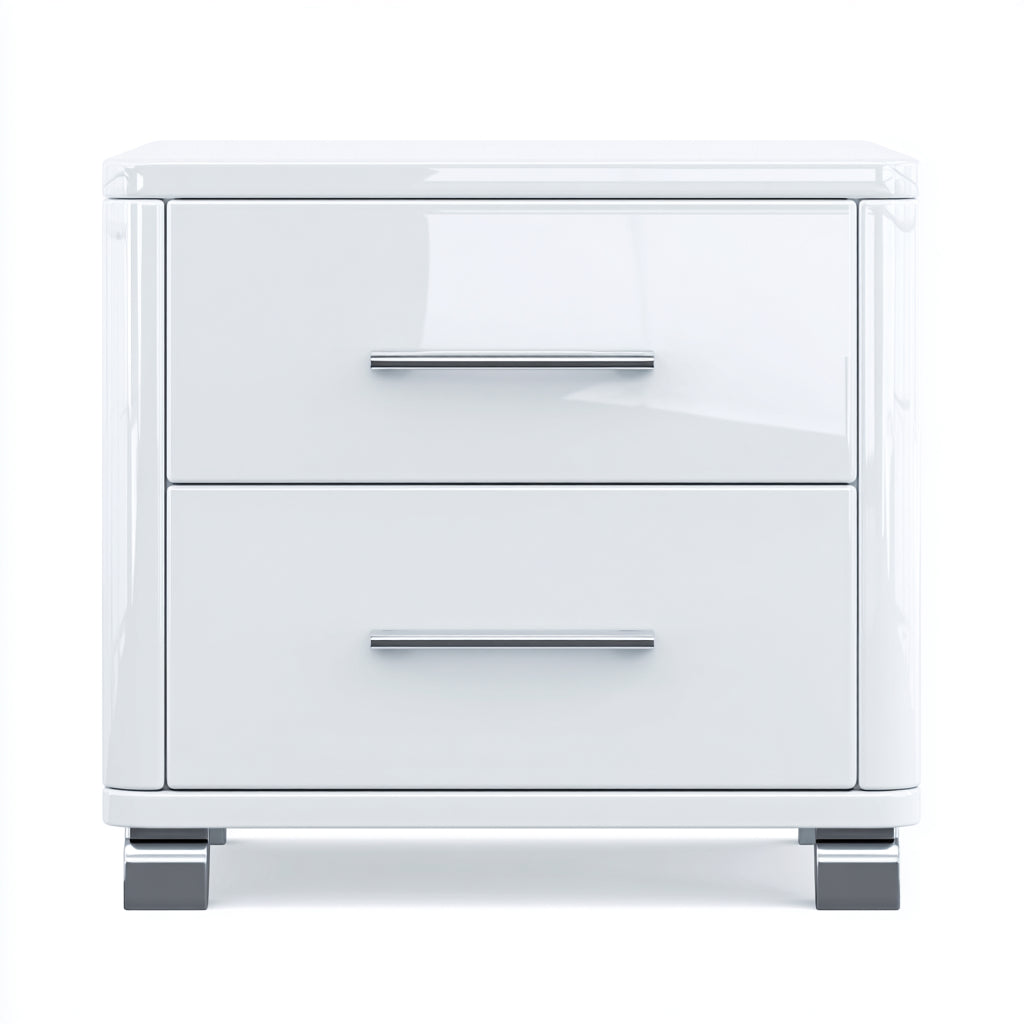 Table de chevet - Panneaux de bois-Métal - 50x41x51 cm - Blanc brillant-Argenté - Moderne
