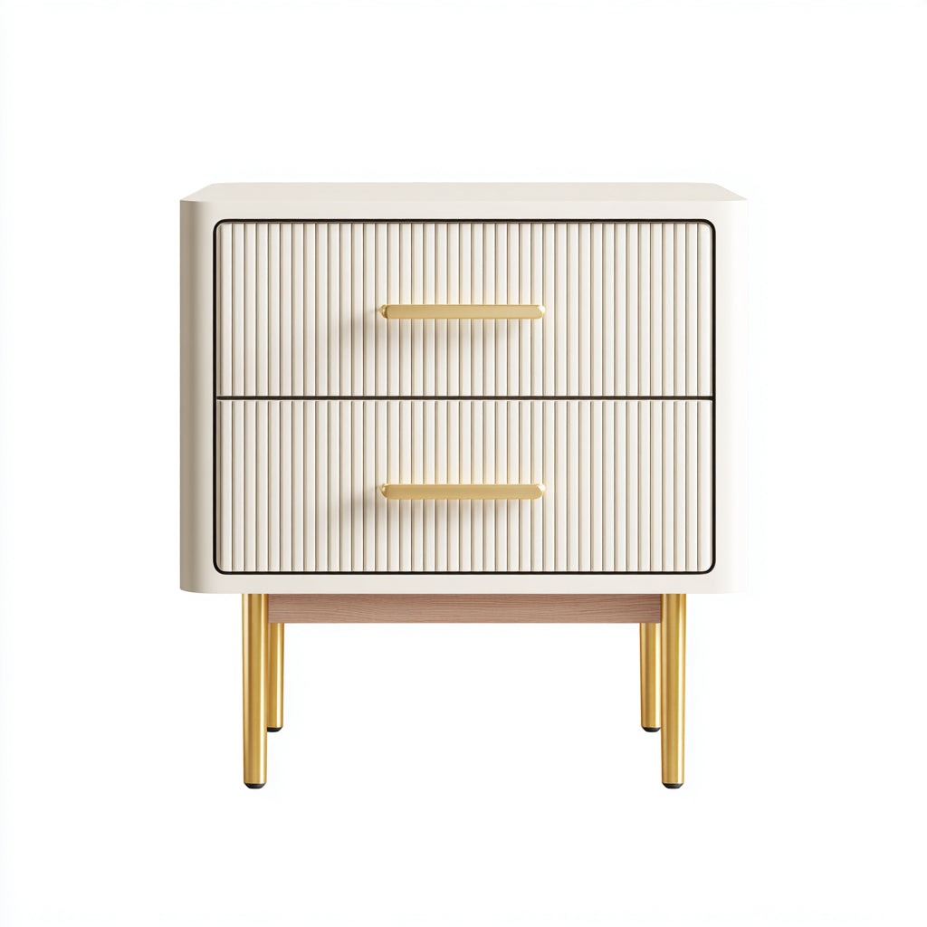 Table de chevet - Panneaux de bois-Métal - 50x38x56 cm - Blanc cassé-Doré - Moderne