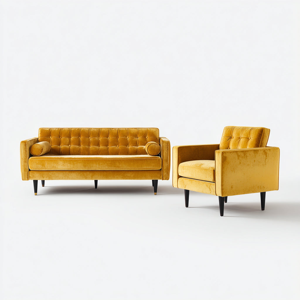 Ensemble de canapés - Velours-Bois - 198x82x84 cm - Jaune moutarde-Noir - Rétro moderne