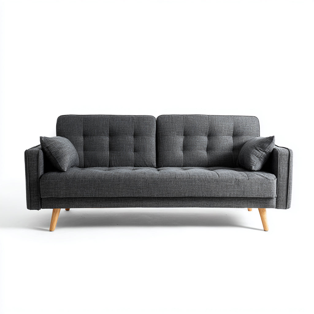 Canapé droit - tissu-bois - 204x85x81 cm - gris foncé-naturel - rétro moderne