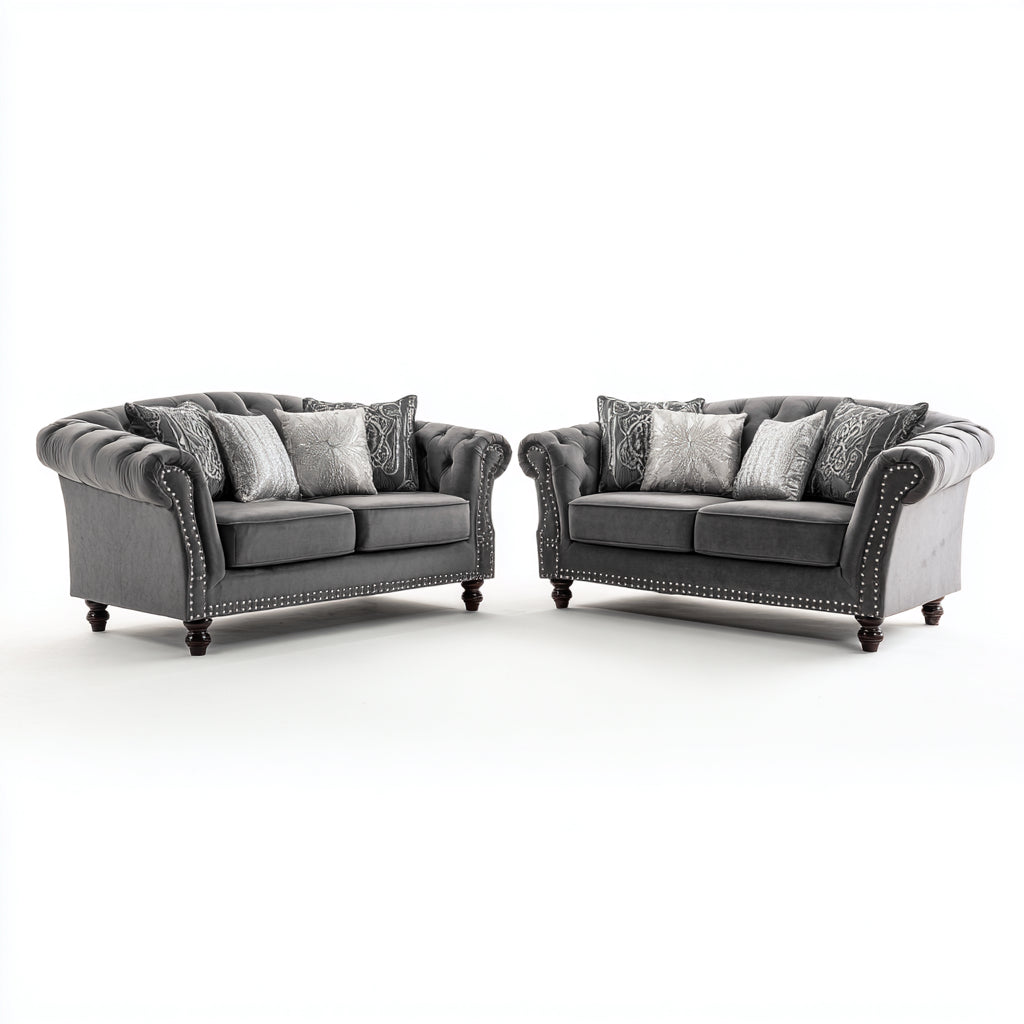 Ensemble de canapés - Velours-Bois - 174x86x84 cm - Gris-Marron - Classique Chesterfield