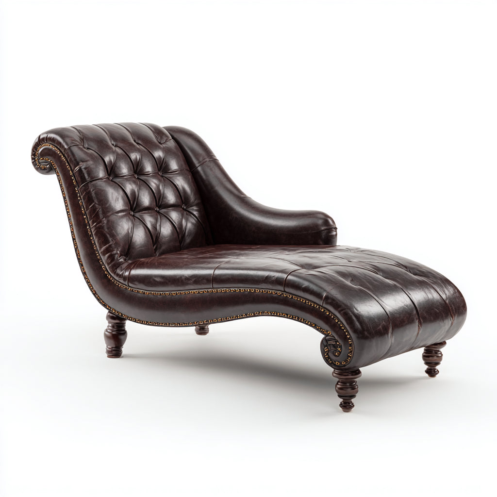 Chaise longue - Cuir synthétique-Bois massif - 169x85x91 cm - Marron acajou - Style vintage