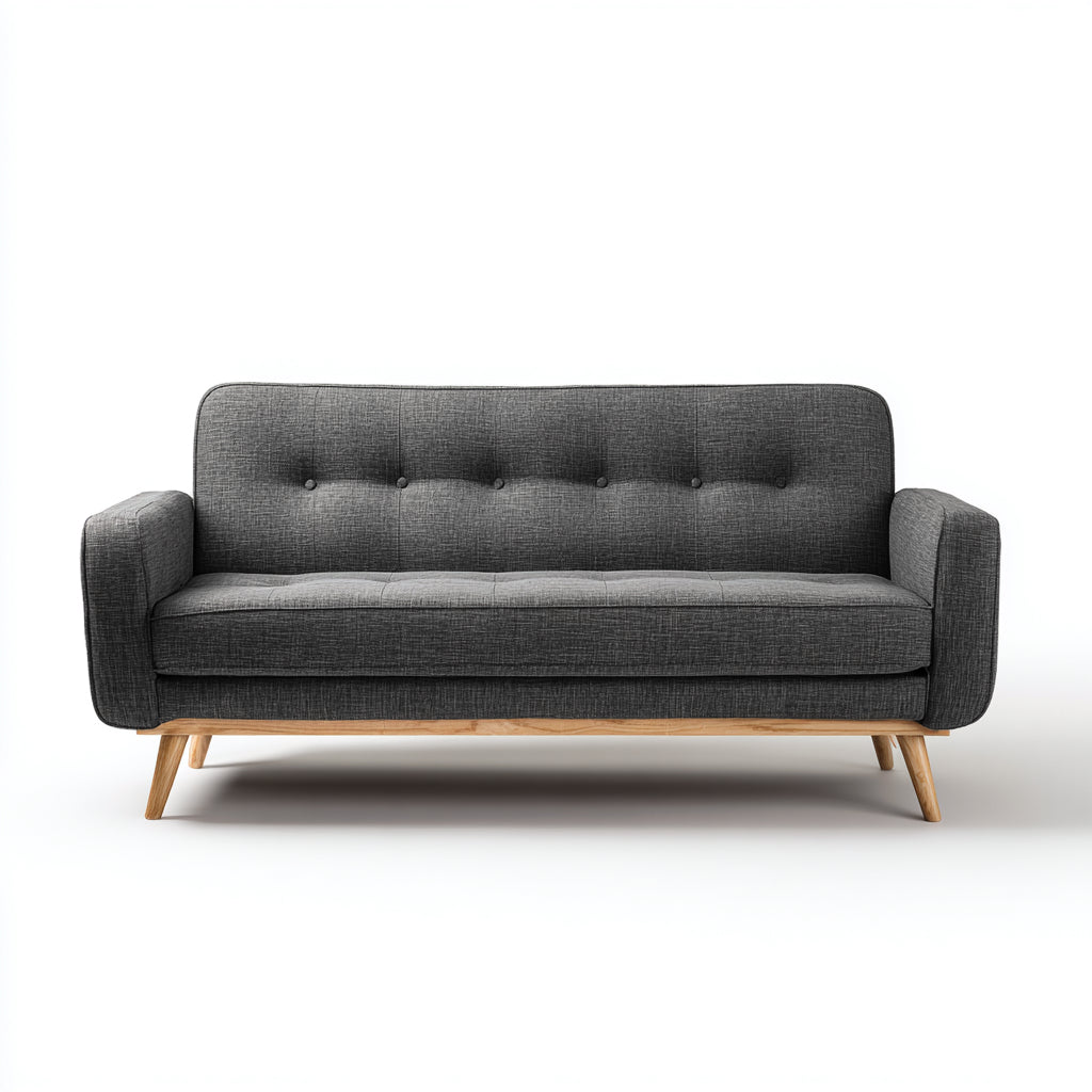 Canapé droit - tissu-bois - 196x84x80 cm - gris foncé-naturel - rétro moderne