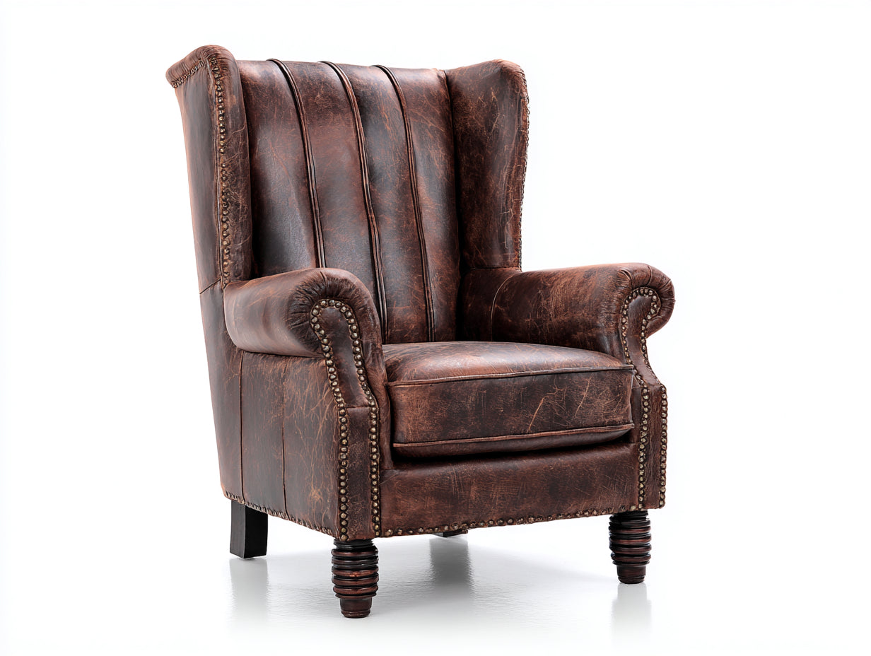 Fauteuil à oreilles - similicuir-bois - 90x85x108 cm - marron - style rétro