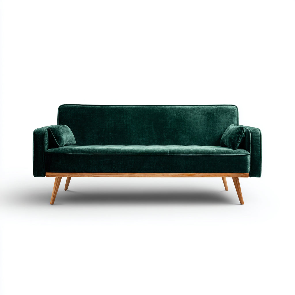 Canapé droit - velours-bois - 198x83x80 cm - vert foncé-naturel - rétro moderne