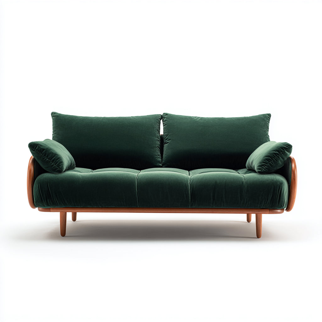 Canapé droit - velours-bois - 196x84x82 cm - vert foncé-naturel - rétro moderne