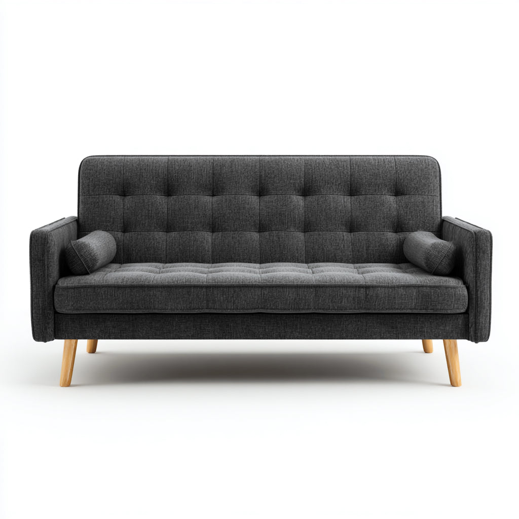 Canapé droit - tissu-bois - 202x85x82 cm - gris foncé-naturel - rétro moderne