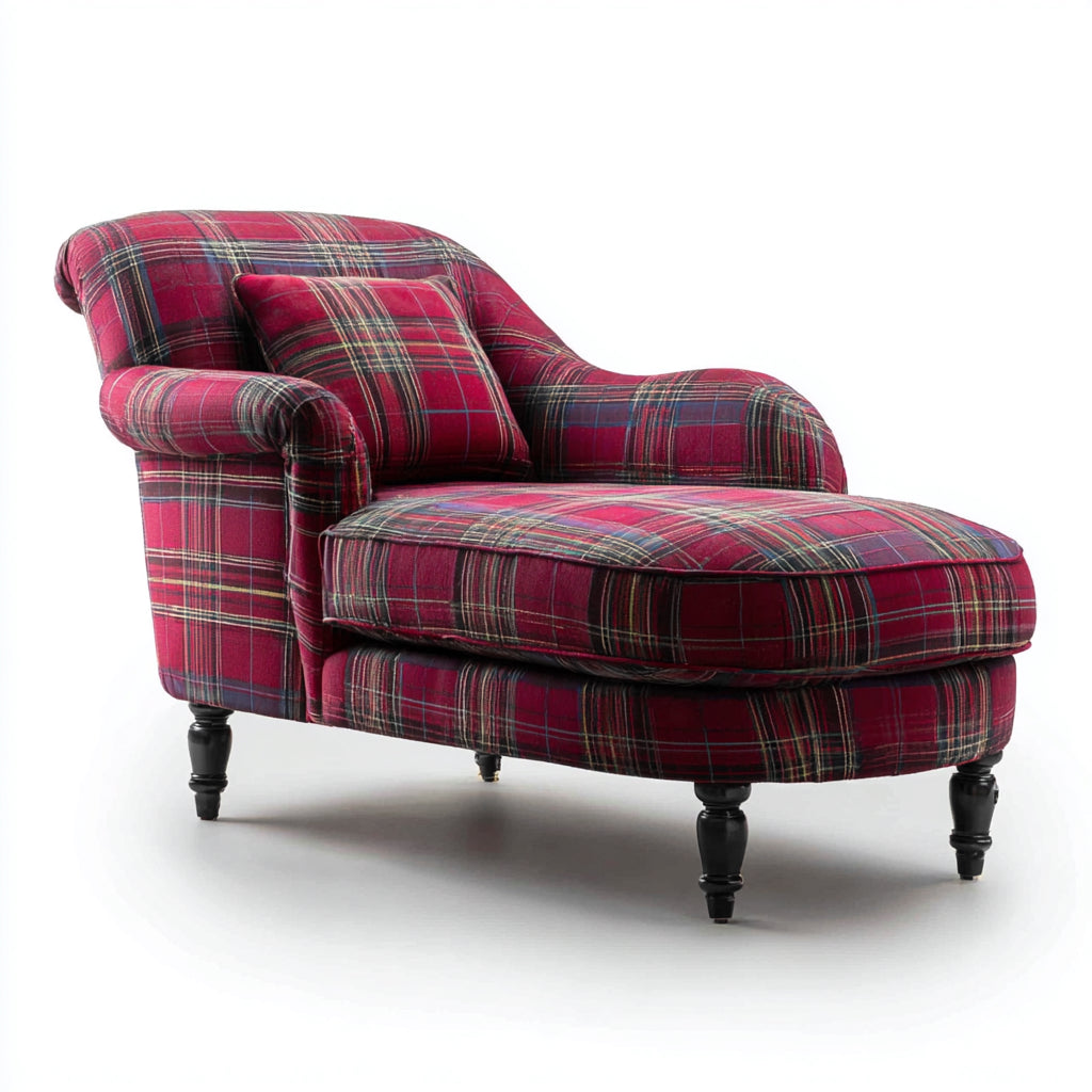 Chaise longue - Tissu-Bois massif - 154x82x84 cm - Rouge foncé-Noir-Beige - Style écossais