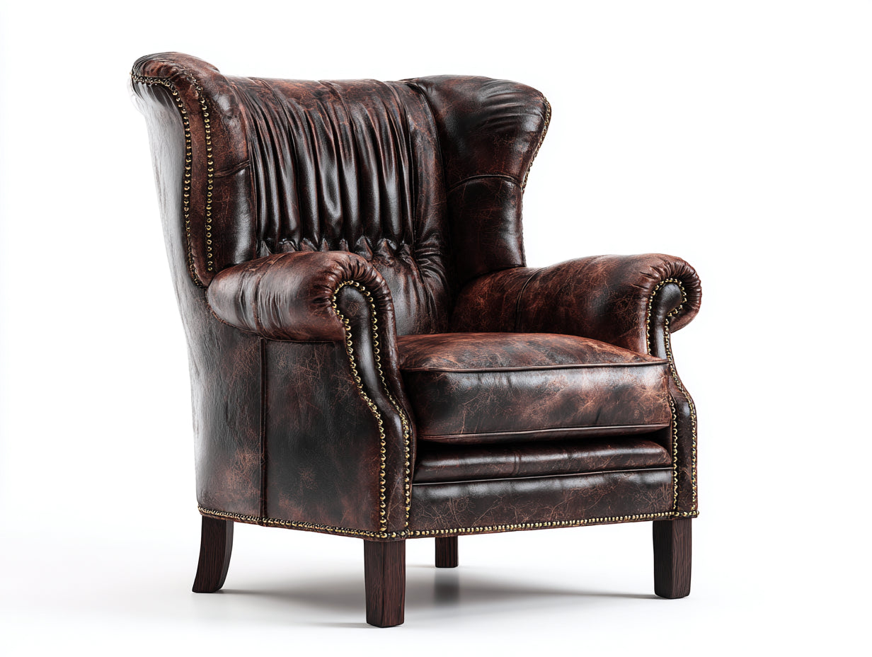 Fauteuil à oreilles - similicuir-bois - 89x84x106 cm - marron foncé - style vintage