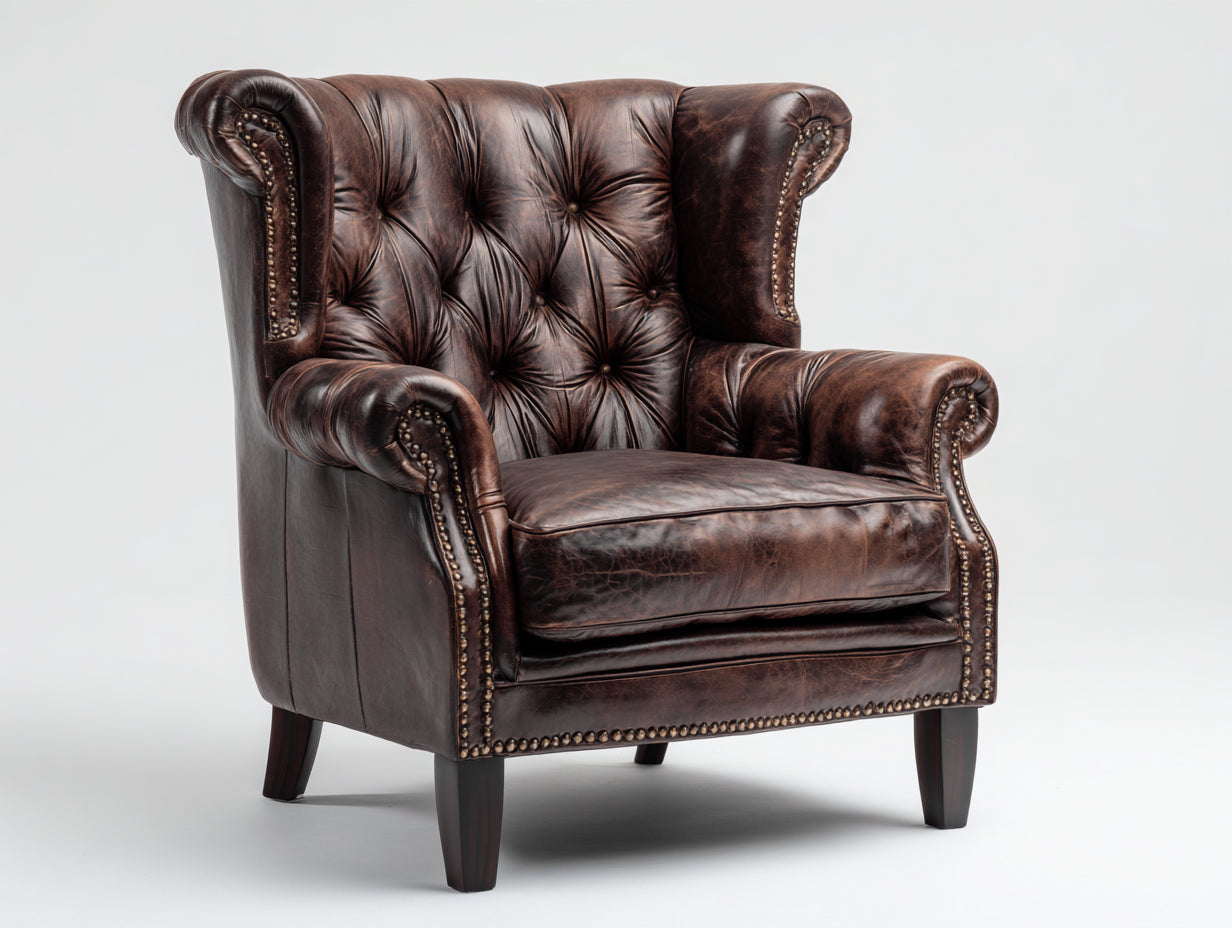 Fauteuil à oreilles - similicuir-bois - 92x86x109 cm - marron foncé - style Chesterfield